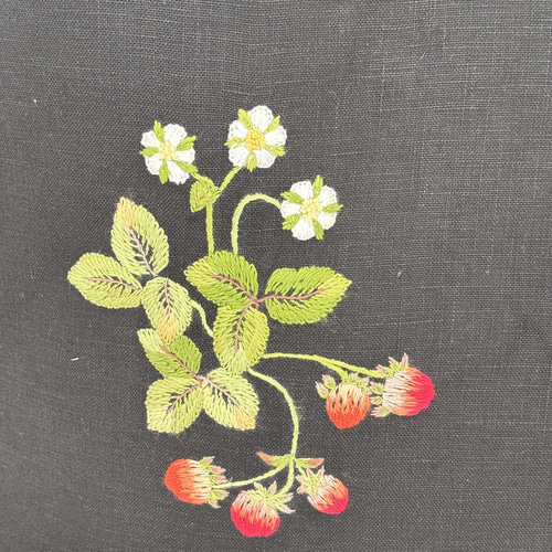 フランス刺繍のトートバック ワイルドストロベリー ミニトート 麻
