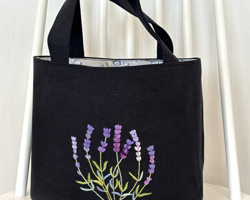 手刺繍】トートバック フランス刺繍 ラベンダー 麻 ハーブ トート