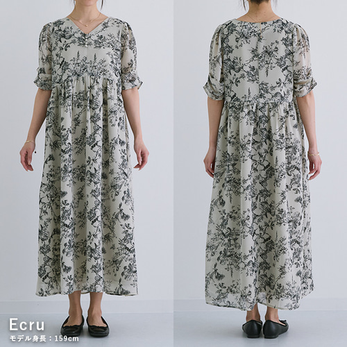 全2色】やわらかシフォンで快適♪ Vネック花柄シフォン半袖