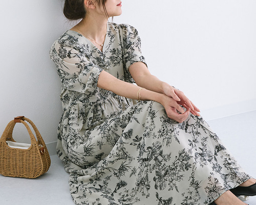ELFSACK ワンピース ｖネック シフォン 花柄 送料無料 ELFSACK ワンピース Vネック 花柄 シフォン ミモレ丈