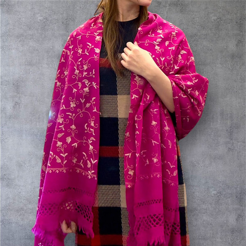 ショール ストール シルク 大判 ピンク 一点物 ハンドメイド インド