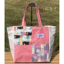 ハンドメイド作品-生成帆布とパステルピンクレザー トートバッグ 1_90e49d96fef6ef87491eec5e8412