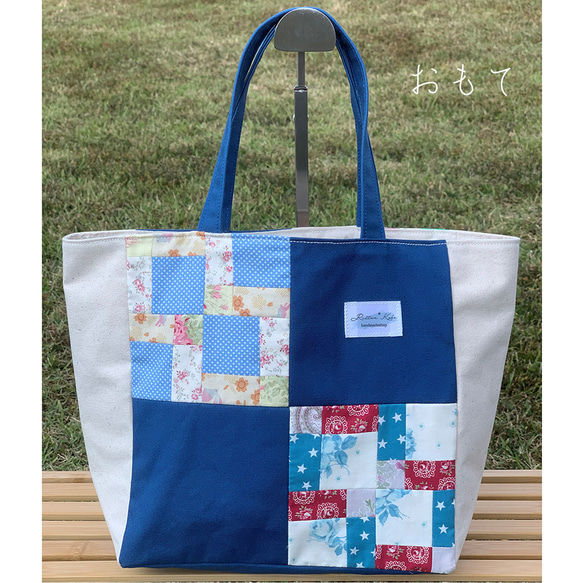 パッチワーク　バッグ　バドメイド フラワードットチェック パッチワーク*ラウンド型バッグ 外ポケット A4