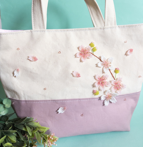 ナチュラル トート★ビーズ ミニ トート バッグ 桜のビーズ刺繍ミニトートバッグ トートバッグ うさのひみつきち
