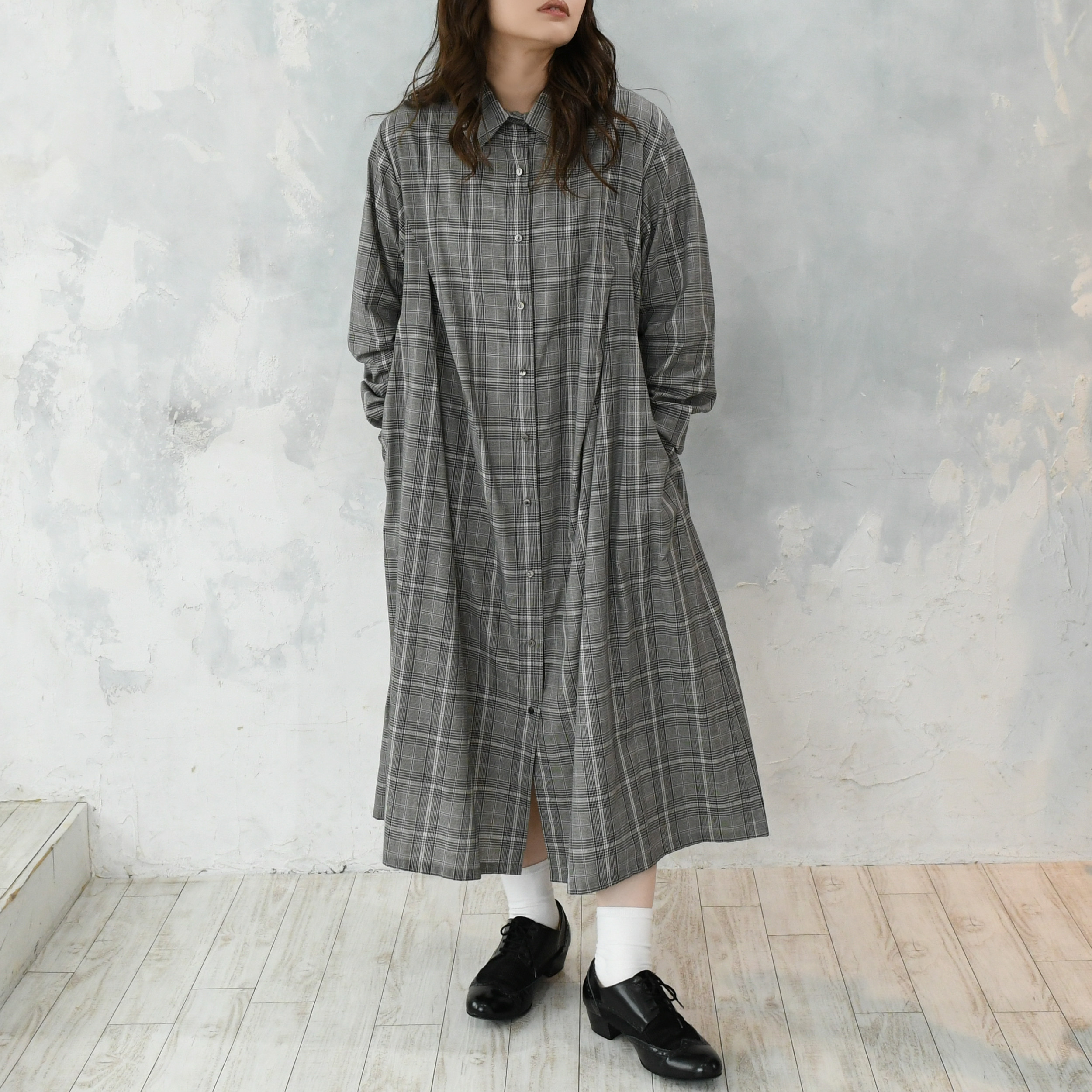 送料無料【完全一点物】胸元タックワンピース(グレンチェック)