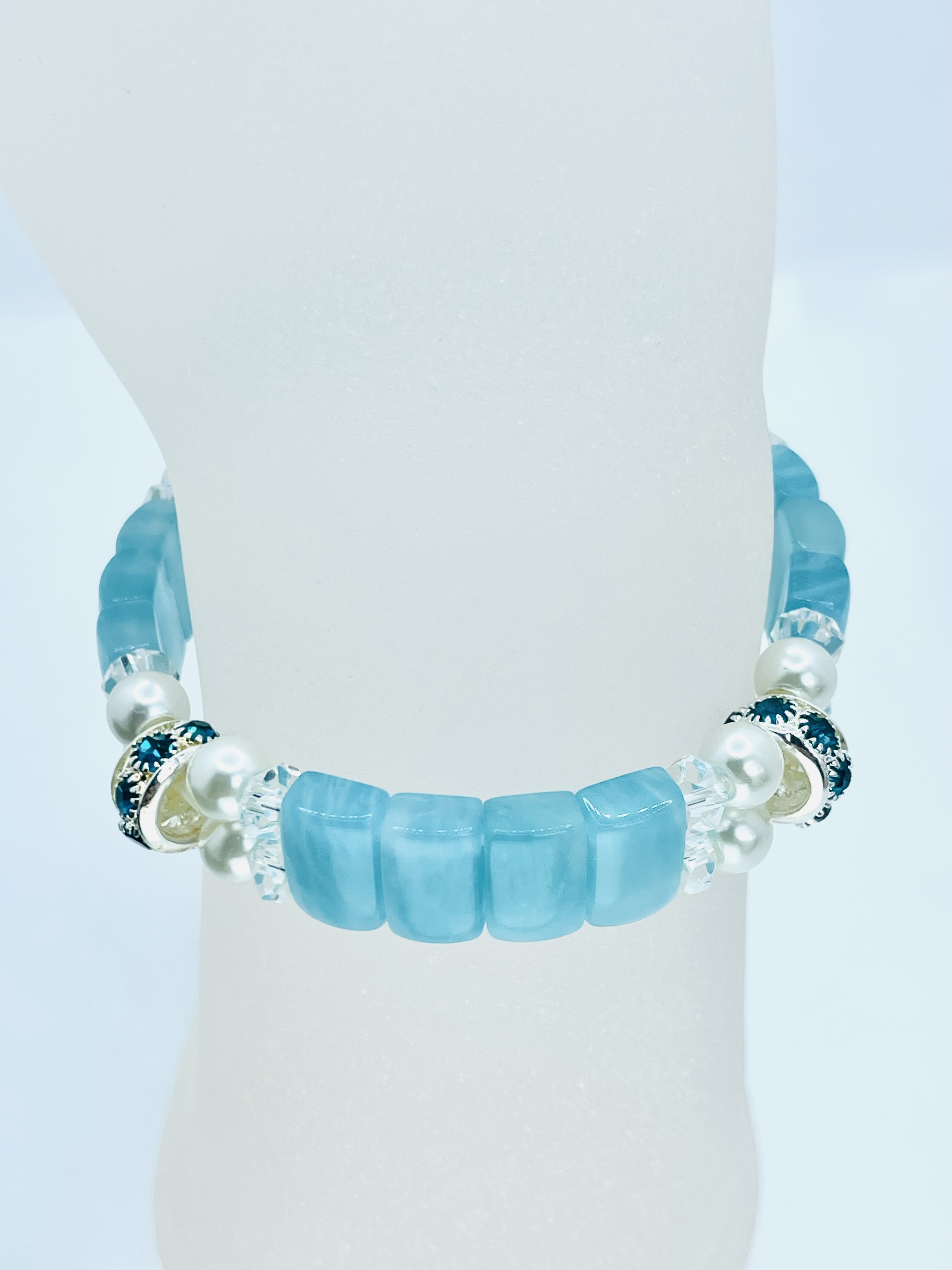 【アマゾナイト/デザインブレスレット】内径16cm 淡水パール/水晶