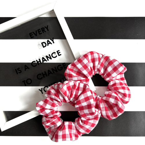 ギンガムチェック シュシュ レッド L パールオプション） シュシュ