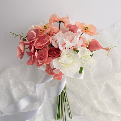 コーラルピンク胡蝶蘭♡カラー♡韓国風ウェディングブーケ＆ブートニア