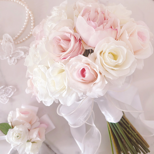 ピオニーとローズのブーケ 芍薬ブーケ ピンク＆ホワイト ウエディング