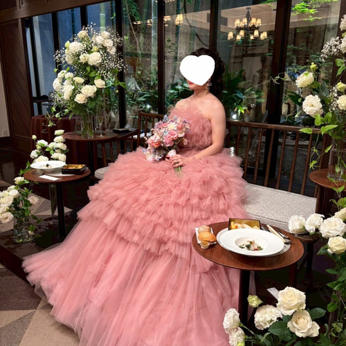 ウェディングドレス(カラードレス・ピンク・モコモコ) 実例写真！カラードレス ベアトップ ピンク サッシュベルト