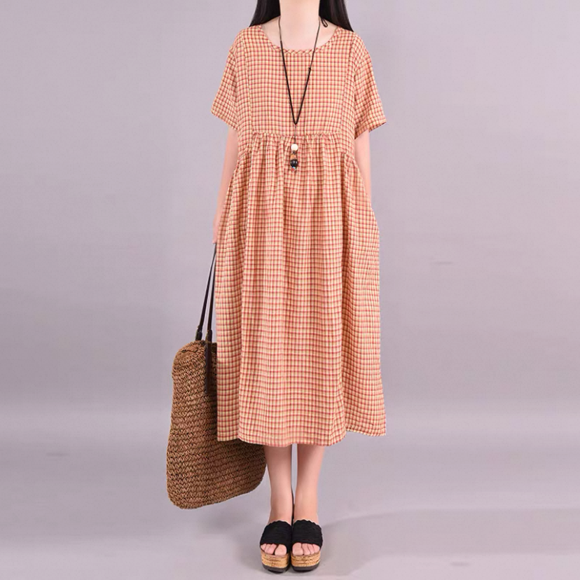 夏  綿麻 ワンピース   チェック柄【受注製作】