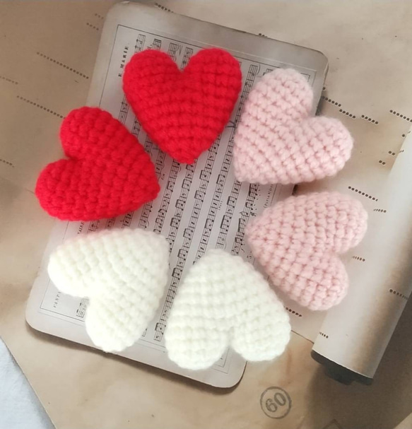 大きな＊ハート♥編みぐるみ＊赤・白・ピンク＊6個セット