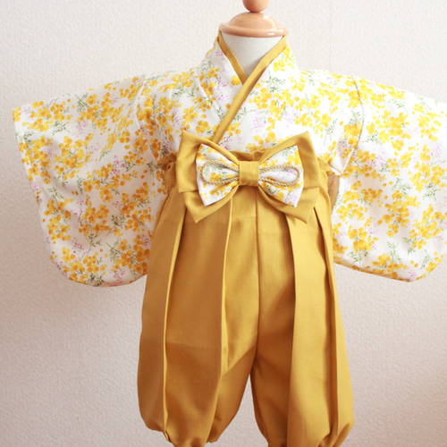 ミモザ×マスタード ベビー袴 ＊ 60 70 80 90 100 着物 お食い初め 100