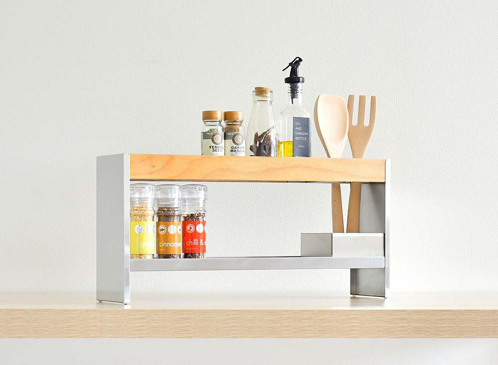 スパイスラック＋ツール収納：日本製 スチール 木製 キッチン 収納 キッチンツール ナチュラル 省ス