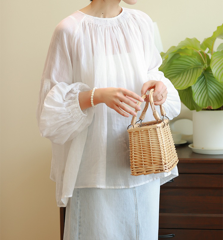 【即納】空気のようにふわりと軽やか♪ラミーリネンギャザーブラウス ホワイト