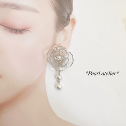 艶キラ☆シルバーラメ＊上品コットンパールフラワーピアス 5枚目の画像