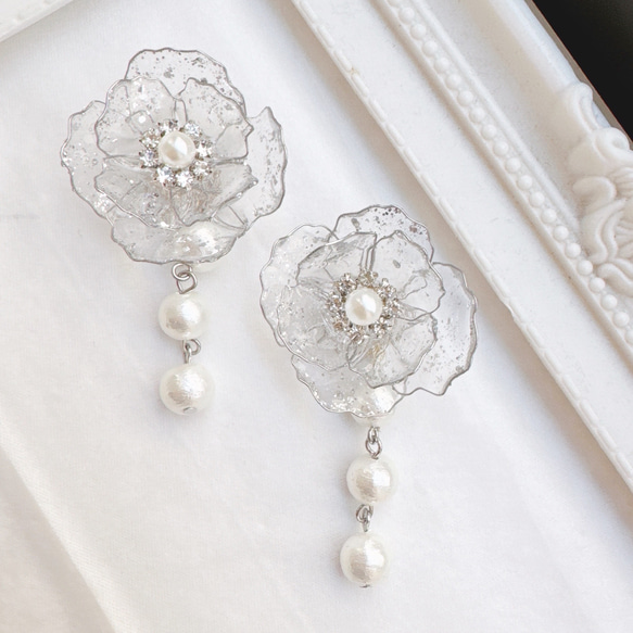 艶キラ☆シルバーラメ＊上品コットンパールフラワーピアス 4枚目の画像