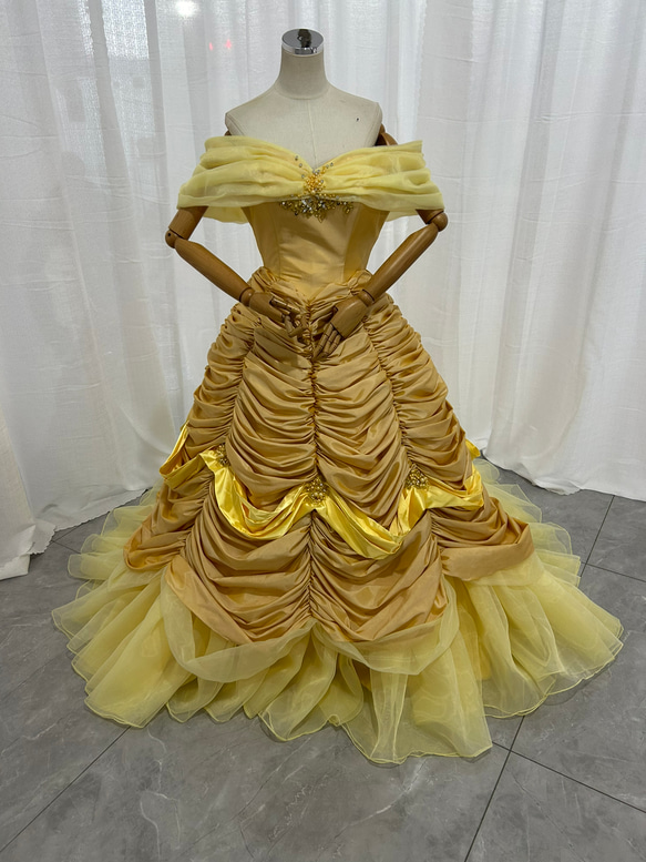 クラシカル カラードレス イエロー オフショルダー ビジュー ラッフル  