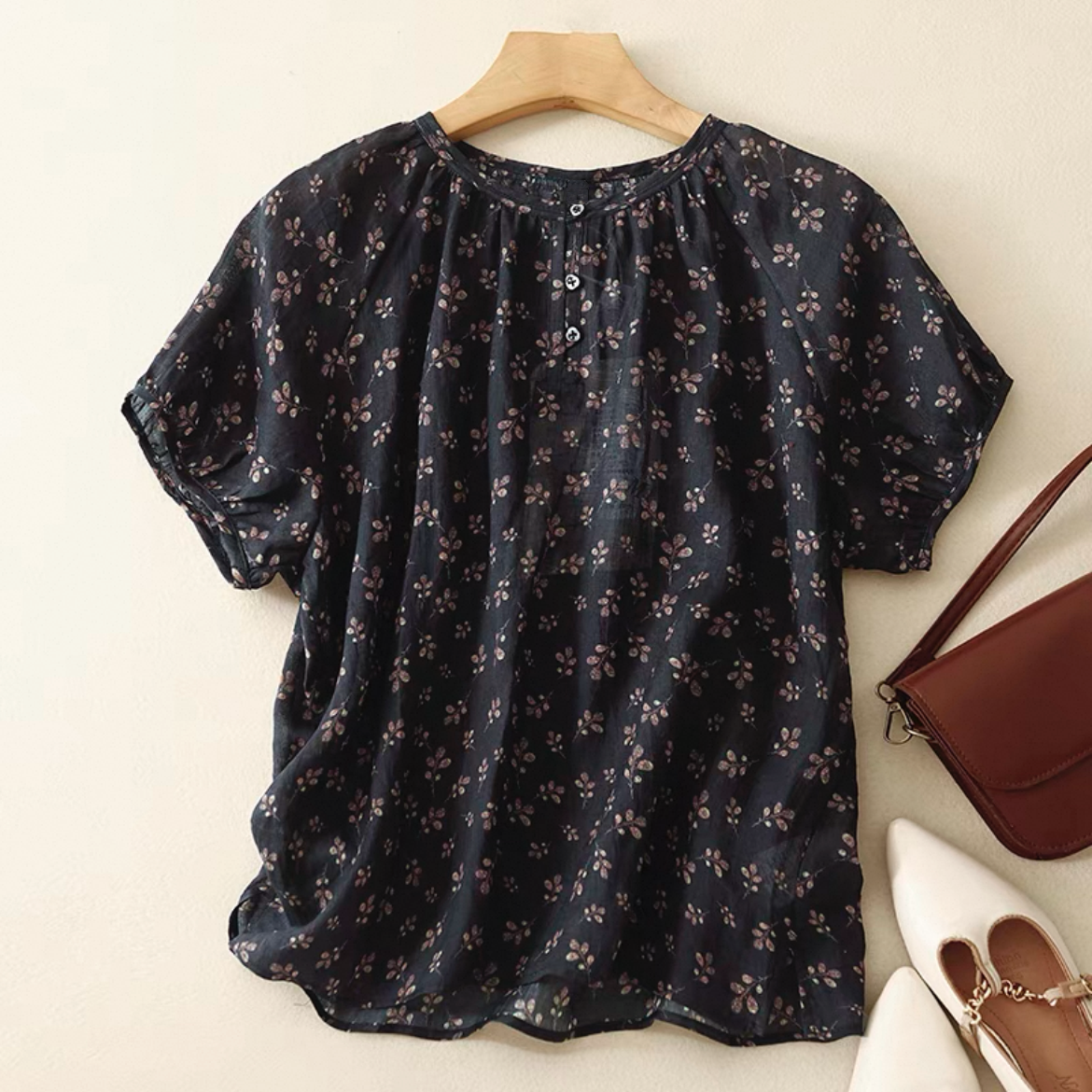 綿麻トップス、花柄トップス、綿麻シャツ、花柄シャツ、日差し対策、母の日ギフト、夏、春、秋