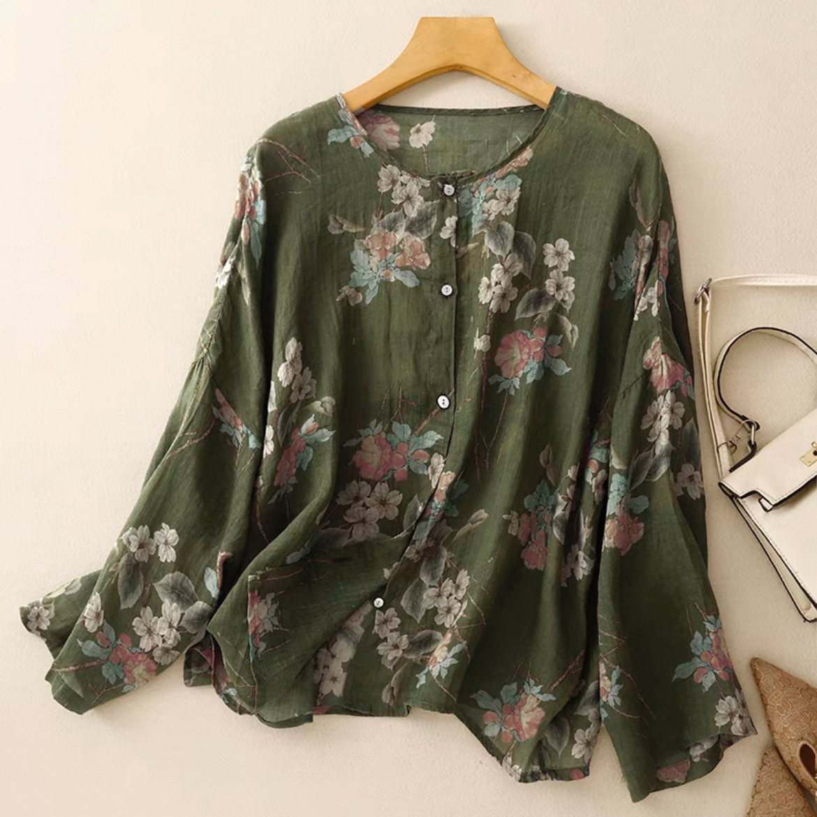 綿麻トップス、花柄トップス、綿麻シャツ、花柄シャツ、日差し対策、母の日ギフト、夏、春、秋