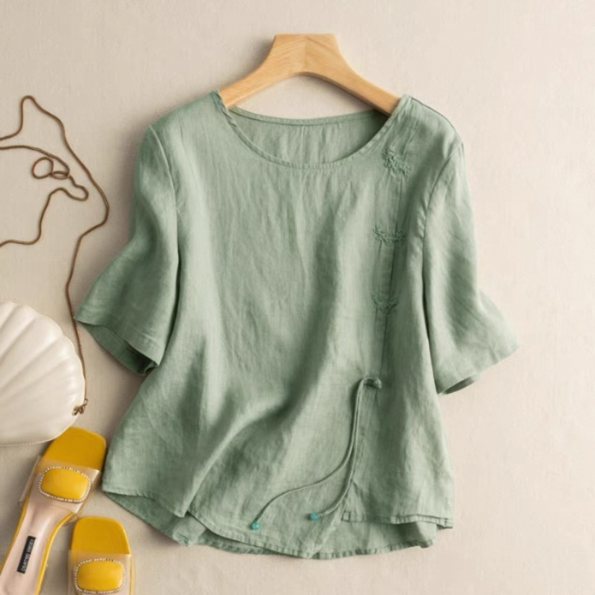 綿麻トップス、無地トップス、綿麻シャツ、無地シャツ、刺繍、日差し対策、母の日ギフト、夏、春、秋、