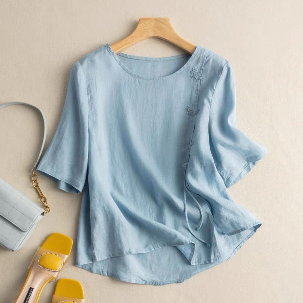 綿麻トップス、無地トップス、綿麻シャツ、無地シャツ、刺繍、日差し対策、母の日ギフト、夏、春、秋、