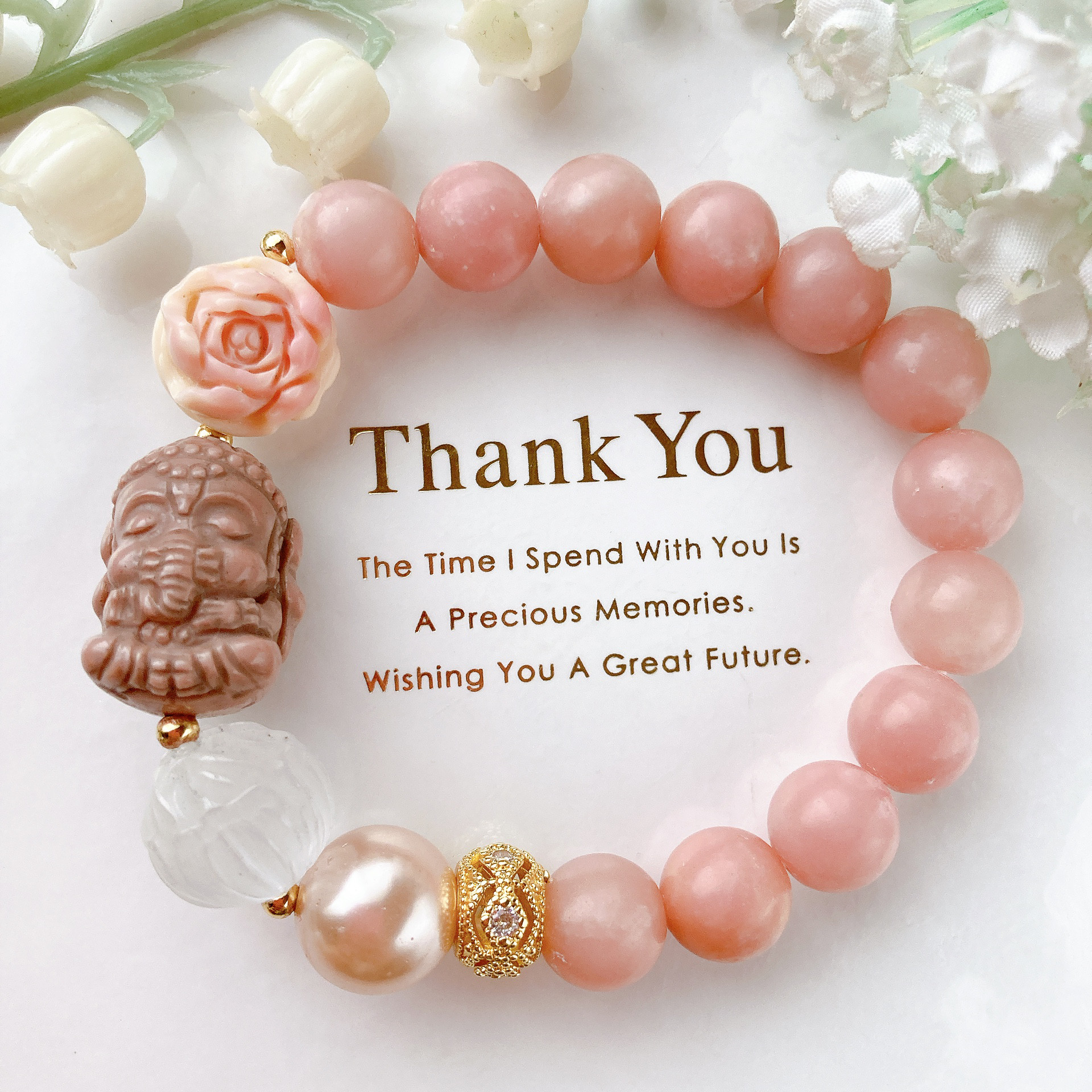 ☪︎·̩͙一点のみ☪︎·̩͙アラシャンガネーシャ様コンクシェル薔薇天然石ブレスレット