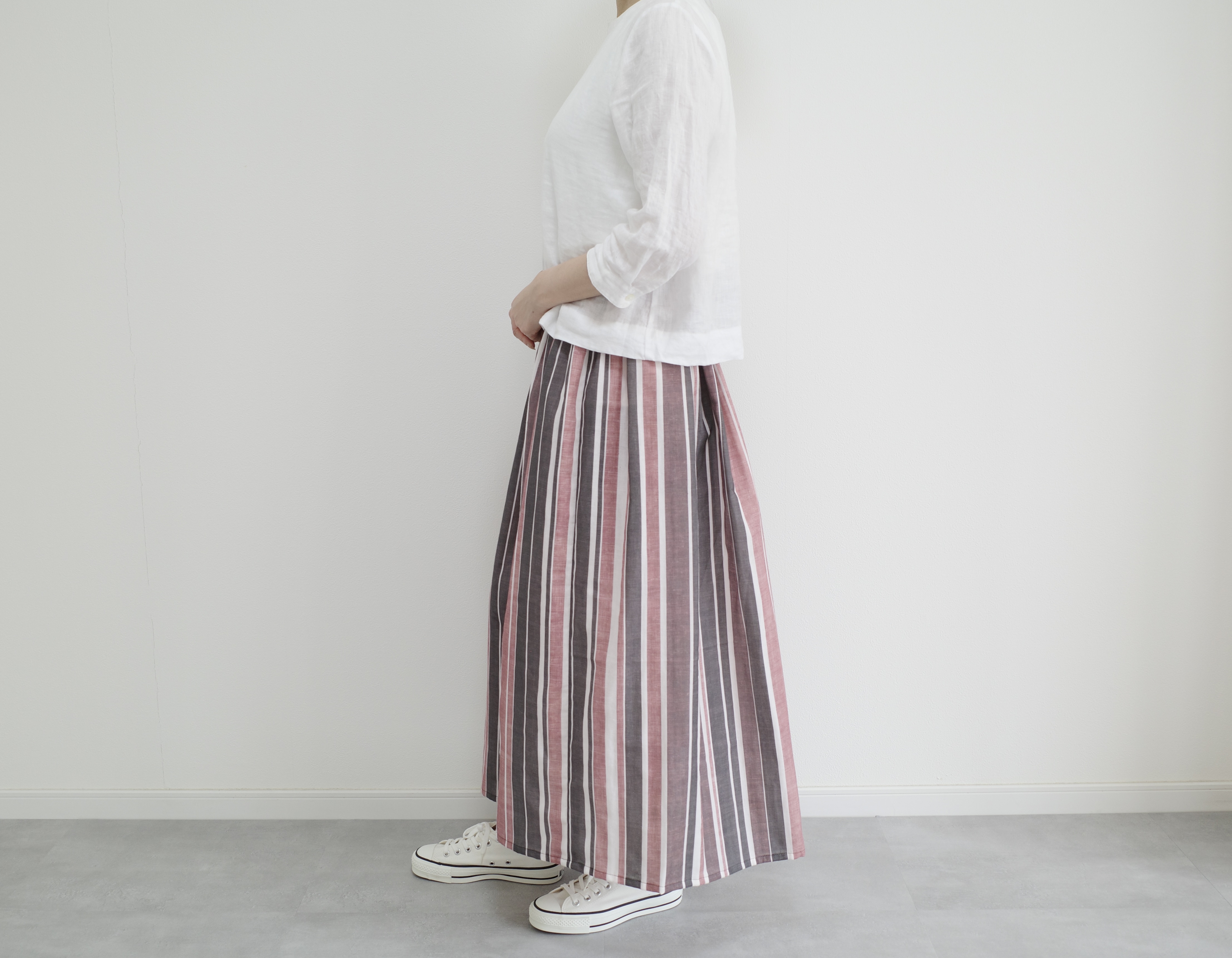 デザイナーズダブルガーゼのストライプスカート　ブラウンストライプ