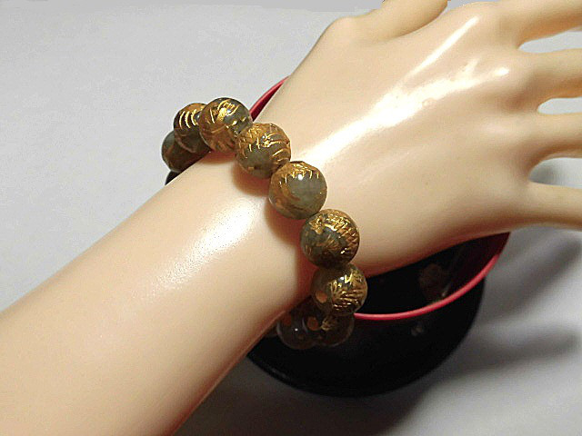 天然石 プレナイト青龍13.6～14.0mm玉ブレスレット 内周16.7cm 　　250720110