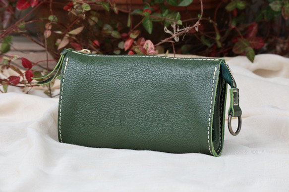 革の大きな長財布/ハンドメイド財布/リング付き/LV-green