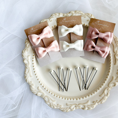 マットサテン ヘアクリップ 春 リボン パール Uピン 髪飾り セット  