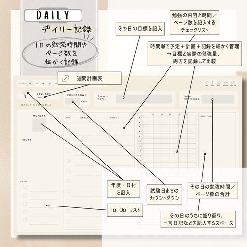 日付フリー】デジタル スタディプランナー（ヨコ型）／年間