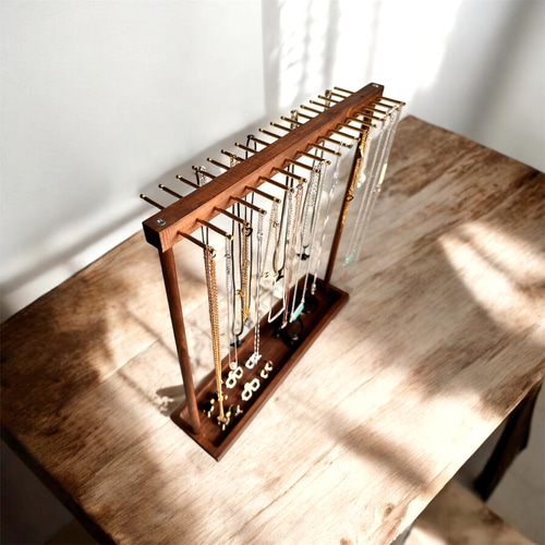 36フック トレイ付きネックレススタンド 木製ネックレスディスプレイ