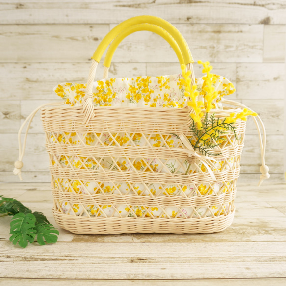 ◆希少美品◆フランスFARINE木製蓋付き花柄♡ラタン編込模様陶器ボックス 新作ミモザの輝きが手元に咲く — 華やかなラタンかごバッグ A4サイズ