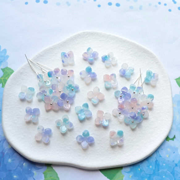 オリジナル新作★アジサイ　クローバー　お花のアセテートパーツ　ミントブルー×ライトパープルグラデーション 7枚目の画像