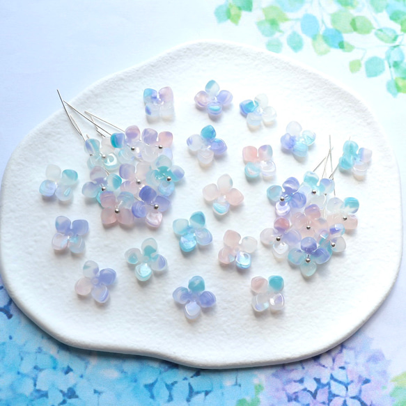オリジナル新作★アジサイ　クローバー　お花のアセテートパーツ　ミントブルー×ライトパープルグラデーション 20枚目の画像