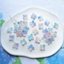 オリジナル新作★アジサイ　クローバー　お花のアセテートパーツ　ミントブルー×ライトパープルグラデーション 4枚目の画像