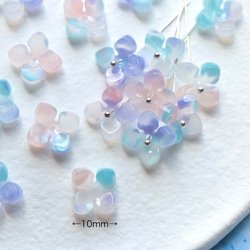 オリジナル新作★アジサイ　クローバー　お花のアセテートパーツ　ミントブルー×ライトパープルグラデーション 2枚目の画像