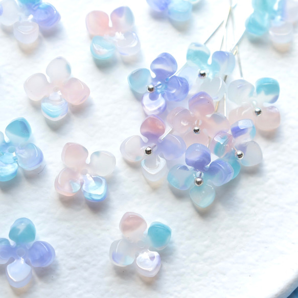 オリジナル新作★アジサイ　クローバー　お花のアセテートパーツ　ミントブルー×ライトパープルグラデーション 17枚目の画像