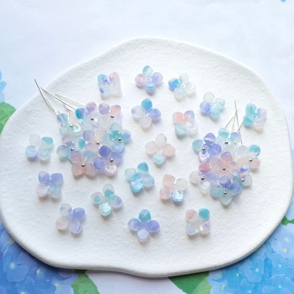 オリジナル新作★アジサイ　クローバー　お花のアセテートパーツ　ミントブルー×ライトパープルグラデーション 18枚目の画像