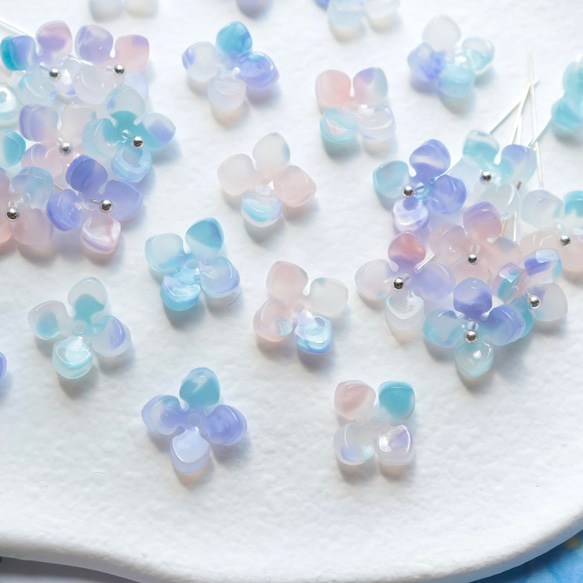 オリジナル新作★アジサイ　クローバー　お花のアセテートパーツ　ミントブルー×ライトパープルグラデーション 6枚目の画像