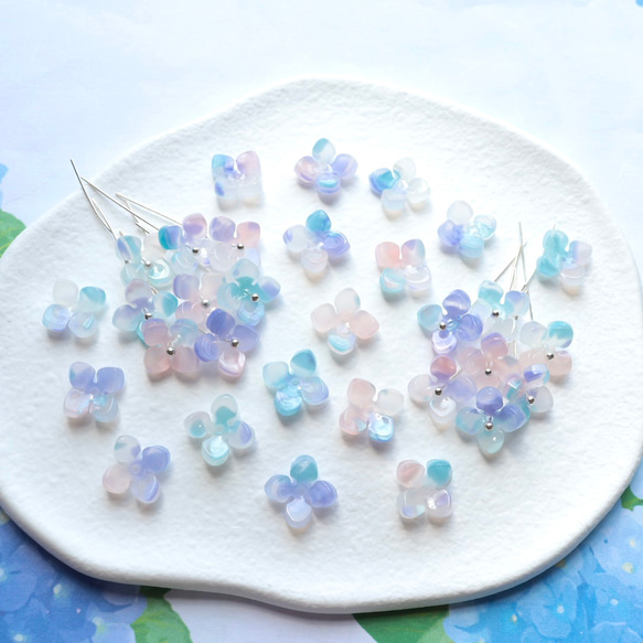 オリジナル新作★アジサイ　クローバー　お花のアセテートパーツ　ミントブルー×ライトパープルグラデーション 12枚目の画像