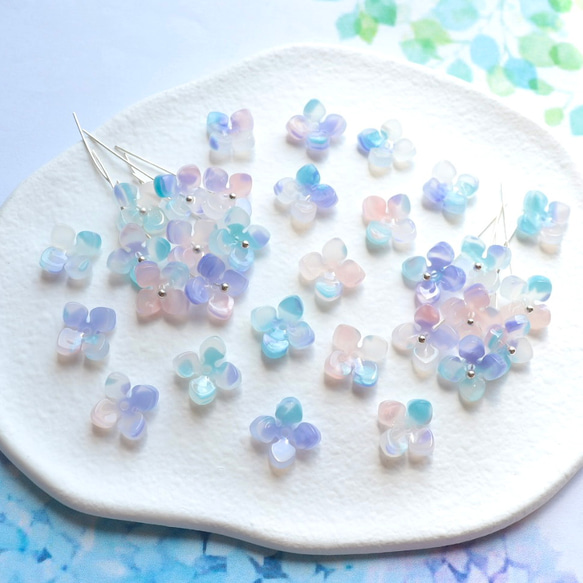 オリジナル新作★アジサイ　クローバー　お花のアセテートパーツ　ミントブルー×ライトパープルグラデーション 19枚目の画像