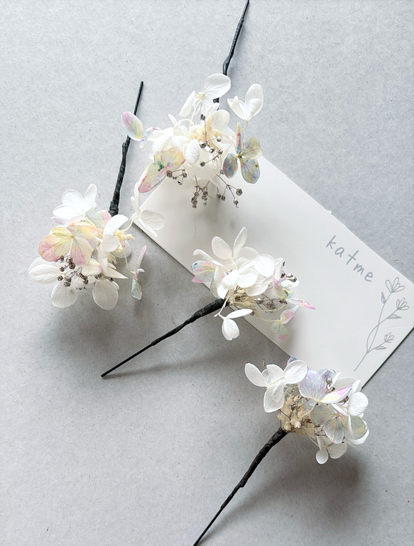 ドライフラワー　紫陽花　かすみ草　虹色　お呼ばれ　入学式　卒業式　結婚式　ナチュラル　シンプル　ウェディング　髪飾り 7枚目の画像