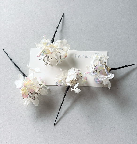 ドライフラワー　紫陽花　かすみ草　虹色　お呼ばれ　入学式　卒業式　結婚式　ナチュラル　シンプル　ウェディング　髪飾り 4枚目の画像