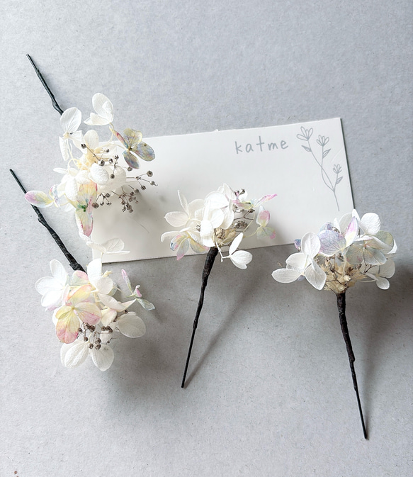 ドライフラワー　紫陽花　かすみ草　虹色　お呼ばれ　入学式　卒業式　結婚式　ナチュラル　シンプル　ウェディング　髪飾り 6枚目の画像