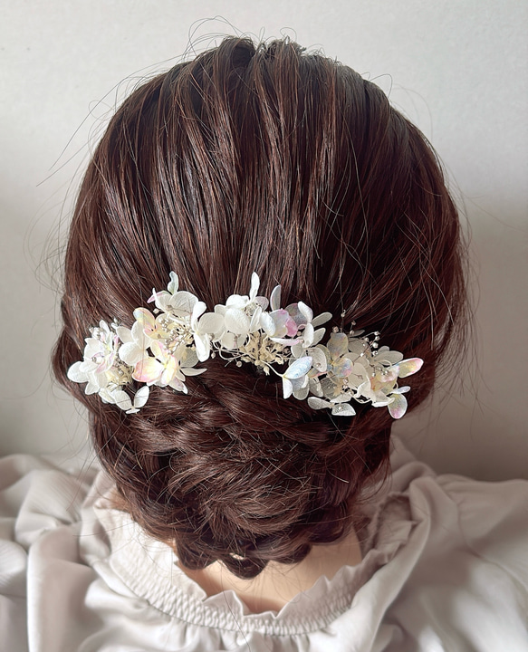ドライフラワー　紫陽花　かすみ草　虹色　お呼ばれ　入学式　卒業式　結婚式　ナチュラル　シンプル　ウェディング　髪飾り 8枚目の画像