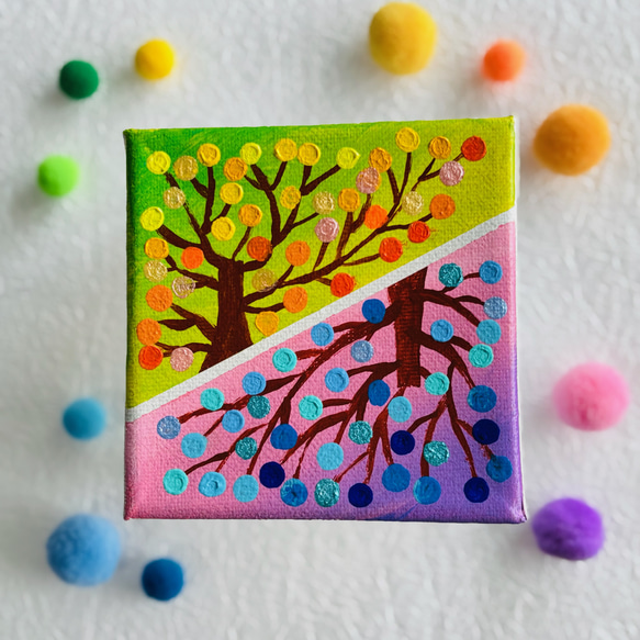 10cm】幸せの実 バイカラー キャンバスアート カラフル アクリル絵の具