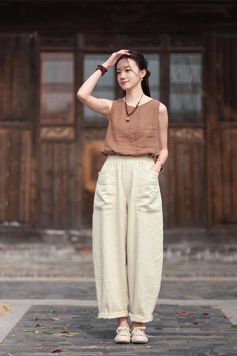 春夏新作 ラミー麻ロングパンツ 綿ウエストバンドワイドパンツ #麻色