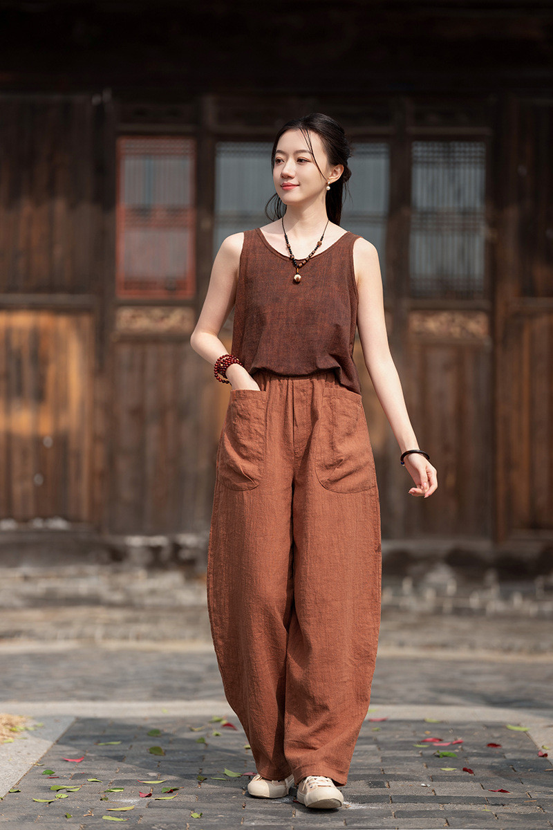 春夏新作 ラミー麻ロングパンツ 綿ウエストバンドワイドパンツ #赤橙色